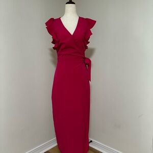 Who What Wear Fuchsia Midi Dress with Ruffle Sleeves